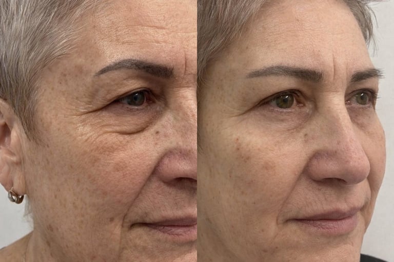 Before and after comparison of facial rejuvenation treatment on middle-aged woman showing reduced wrinkles and smoother skin