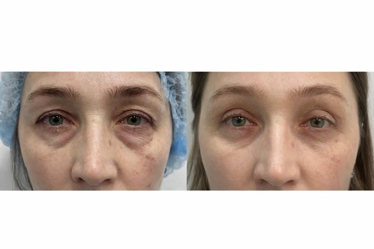 Before and after comparison of facial treatment showing reduced under-eye bags and skin improvement